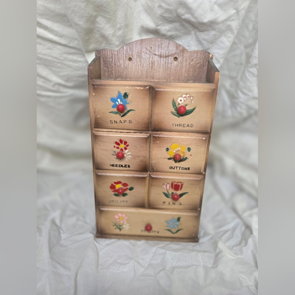 VTG Notations Wood Sewing Box Cottagecore Granny Core Wall Hang Drawers